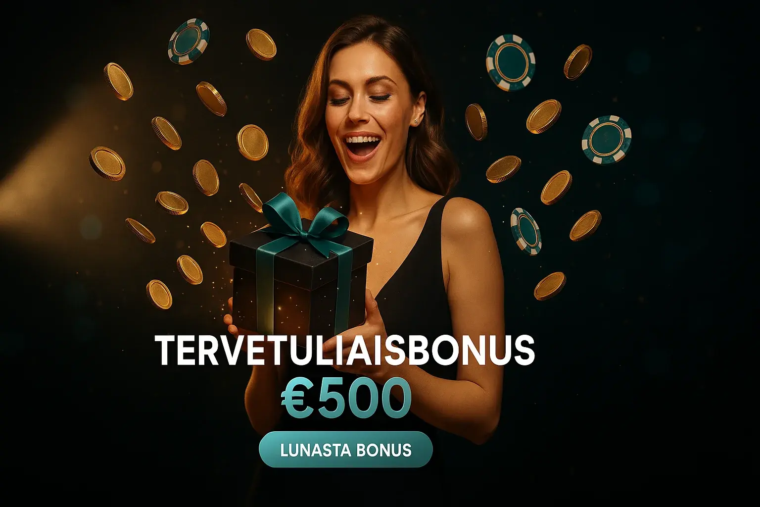 Suomalainen kasinobanneri, nainen iltapuvussa ja hehkuva lahjalaatikko, €500 bonus