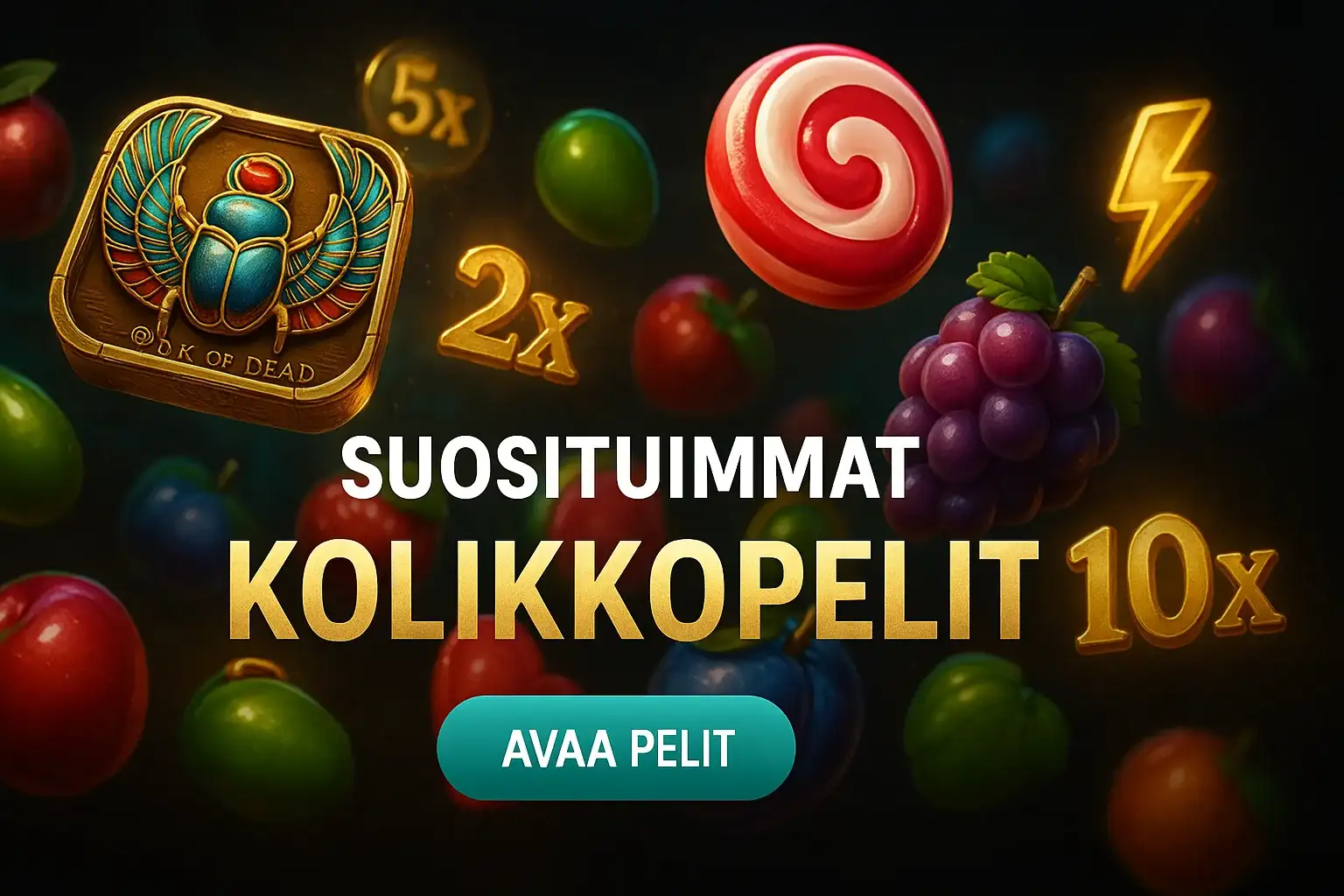 Fotorealistinen suomalainen kasinobanneri, kolikkopelisymbolit ja teksti Suosituimmat Kolikkopelit