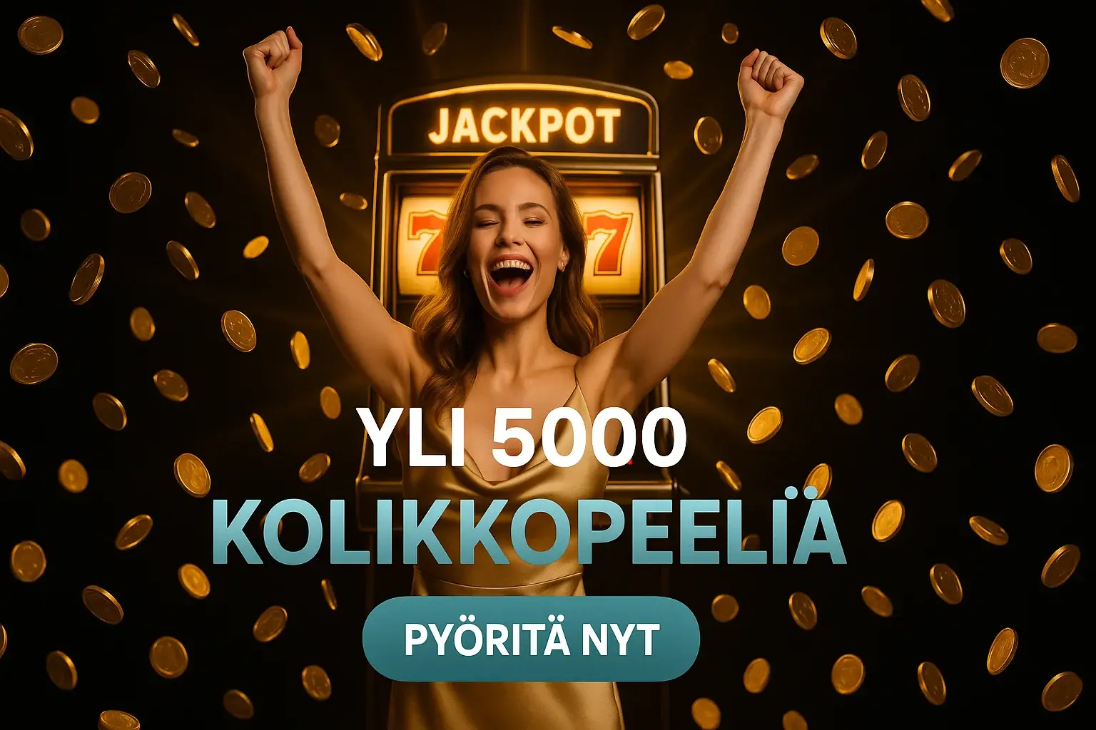 Suomalainen kasinobanneri, nainen kultamekossa, kolikkosade ja jackpot-kolikkopeli