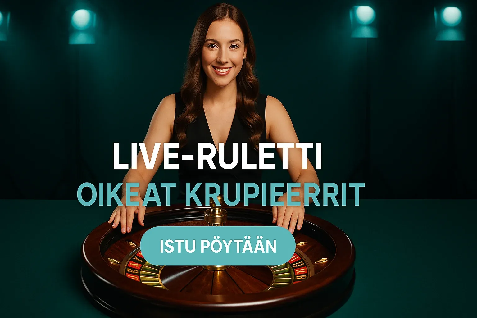 Fotorealistinen live-kasino banneri, krupieeri ja kultainen rulettipyörä, CTA