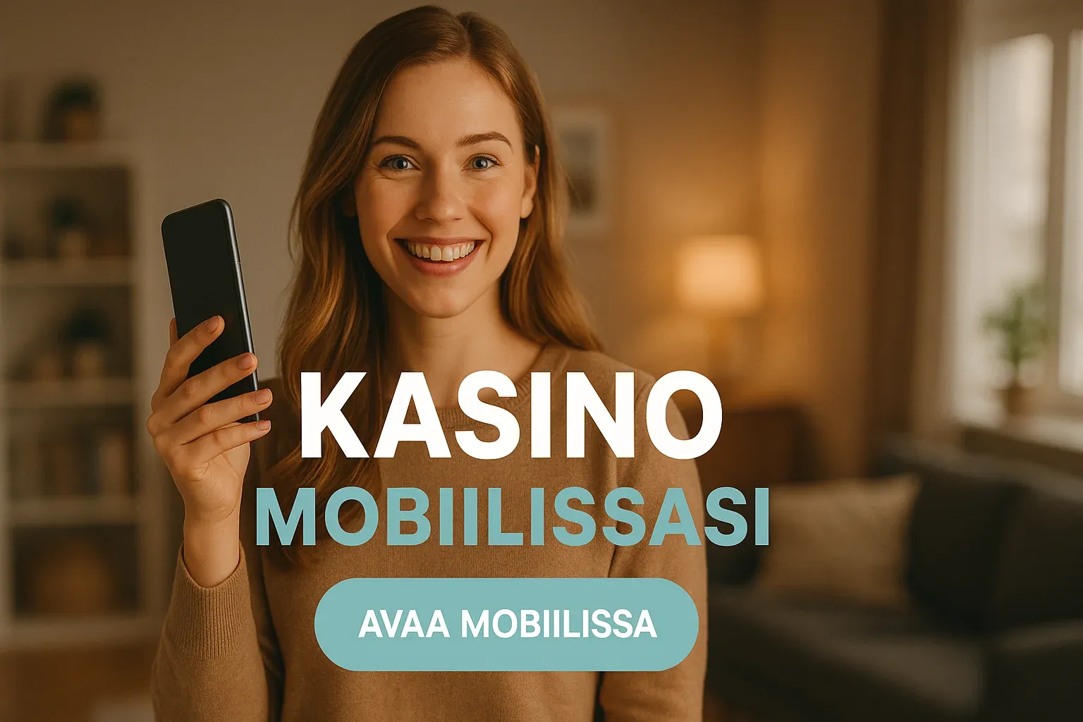 Suomalainen nainen pitää älypuhelinta kasinomainosbannerissa skandinaavisessa asunnossa