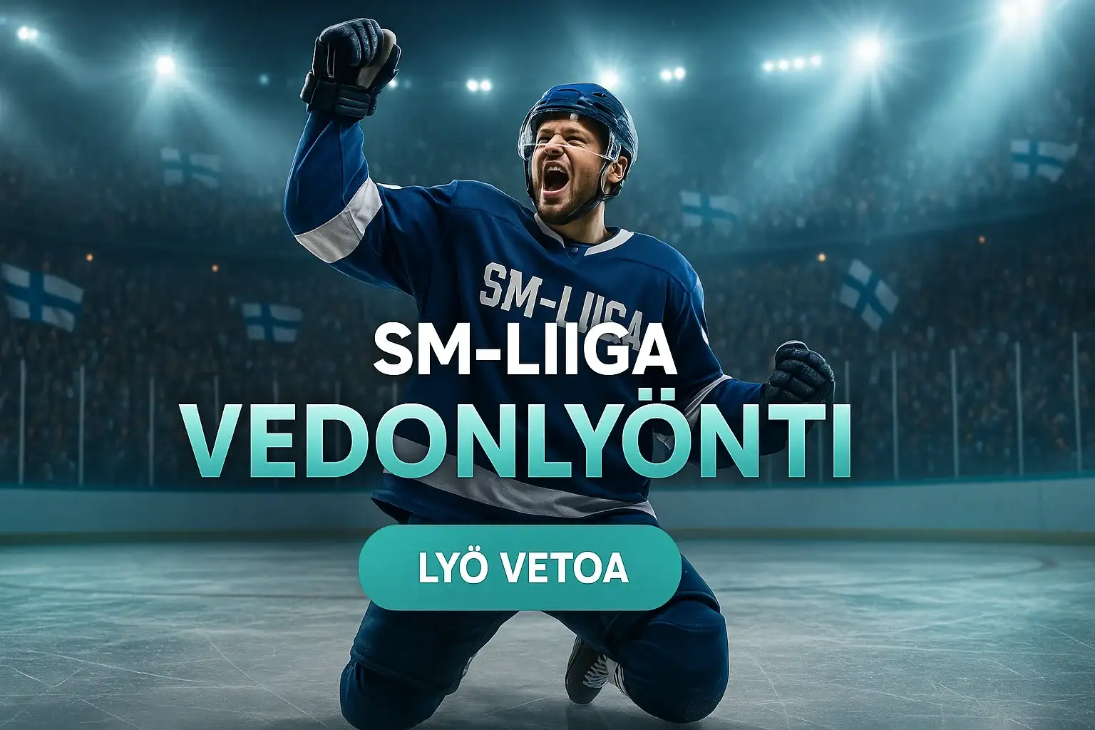 Fotorealistinen SM-liiga jääkiekkoilija ja vedonlyönti kasinomainosbanneri areenalla
